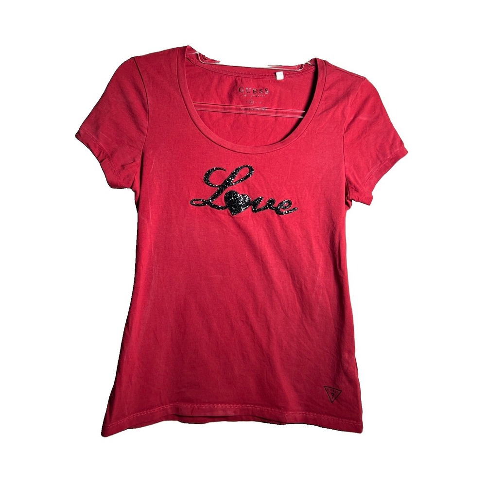 GUESS Los Angeles Women's Short Sleeve T-Shirt MEDIUM Red Black Sequins Love